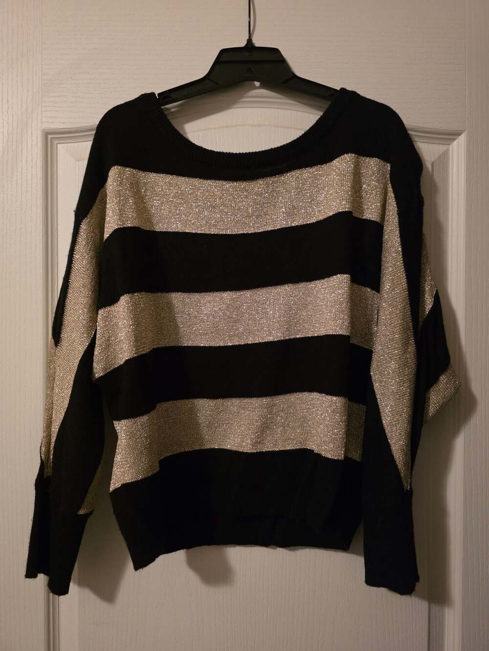 INC International Concepts Petite Black Gold Metallic Striped Sweater Large